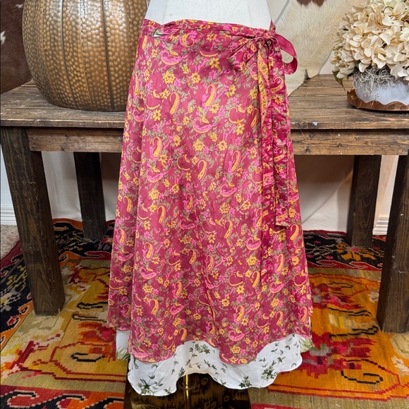 Vintage Dresses & Skirts - Vintage Silk & Rayon Boho Floral Paisley Pink Wrap Skirt